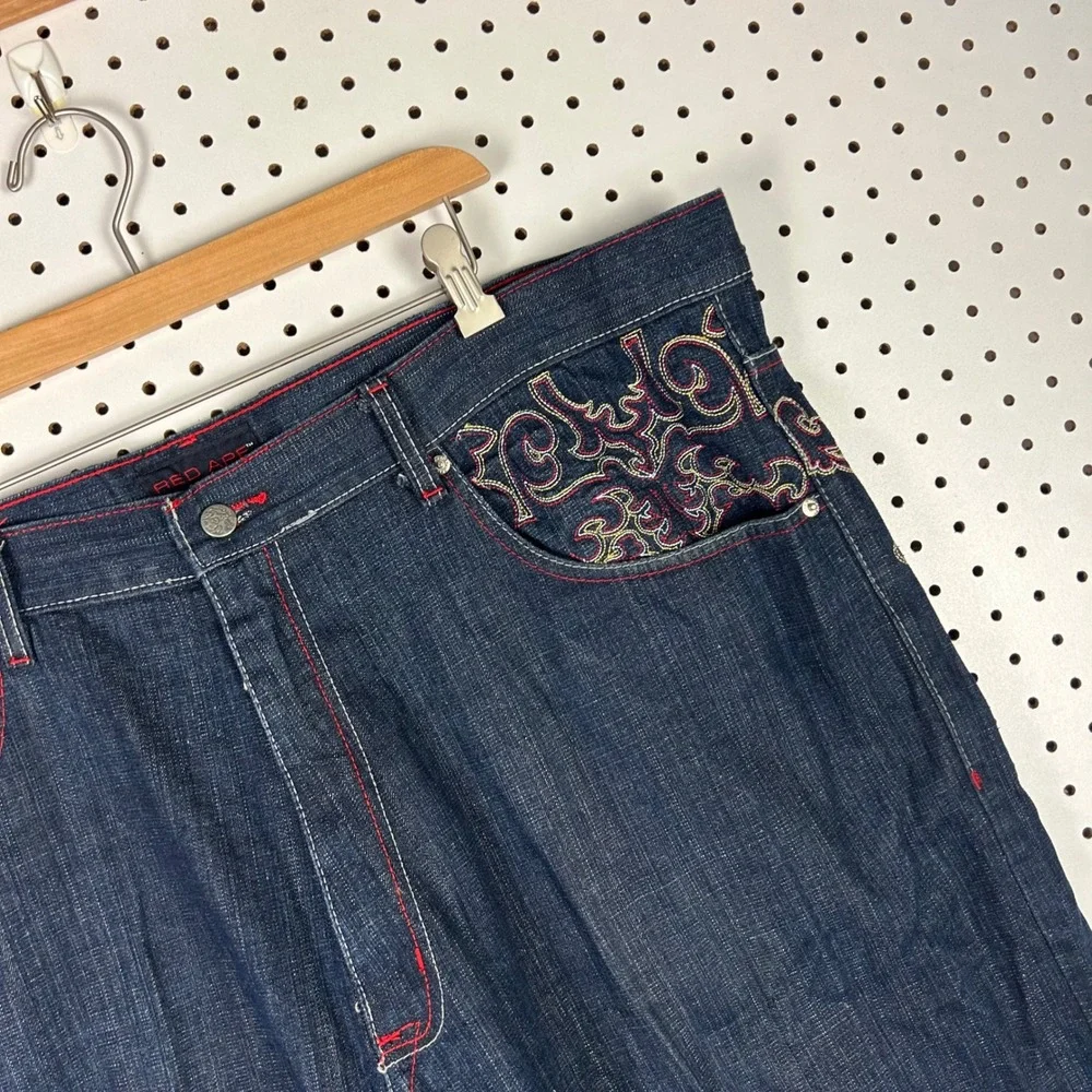 Red Ape Authentic Denim Shorts Size 46 Embroidered Baggy Y2K Hip Hop Gothic Blue
